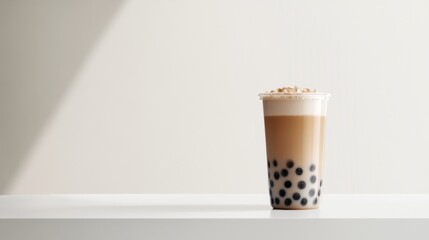 Poster - A minimalist setting with a single cup of bubble tea on a white table, emphasizing its simplicity and elegance with a clean, uncluttered background.