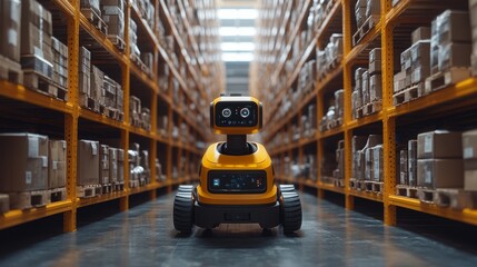 RPA bots collaborate with AGVs and robotic arms in a busy warehouse environment