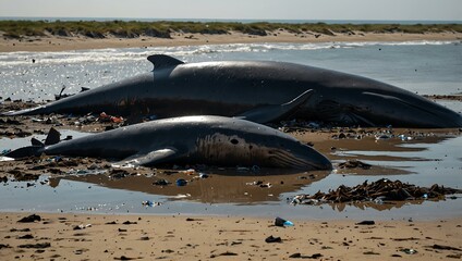 Sticker - Beached whales surrounded by plastic debris.