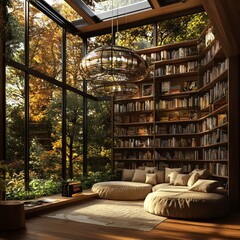 Wall Mural - A cozy reading nook with floor-to-ceiling windows overlooking a lush forest, featuring a large bookshelf, comfortable seating, and natural light streaming in.