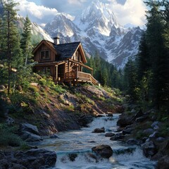 Poster - A cozy wooden cabin nestled in a mountain valley with a cascading river in the foreground.