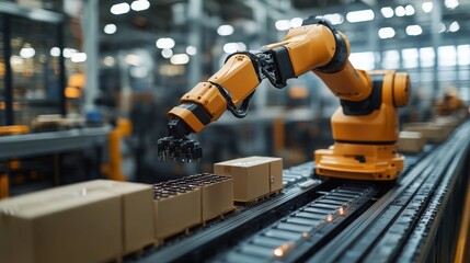 Poster - Robotic arm sorting and handling boxes on a conveyor belt in an automated warehouse environment