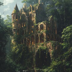 Canvas Print - A crumbling stone castle overtaken by lush vegetation, a testament to the power of nature.