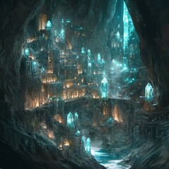 Sticker - A crystal city glows within a cavern, with glowing blue crystals and a river flowing through it.