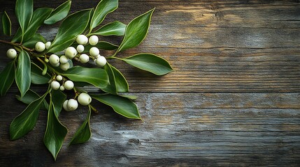 Wall Mural - A branch with green leaves and white berries on a wooden surface, showcasing natural beauty.