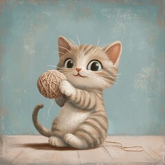 Poster - A cute cartoon kitten with big eyes and a playful smile sits on a wooden floor and plays with a ball of yarn.