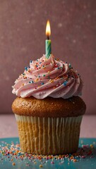 Sticker - Birthday cupcake with sprinkles and a candle.