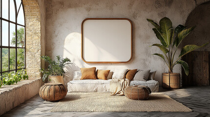 Wall Mural - A cozy living room with a large window and a white sofa.