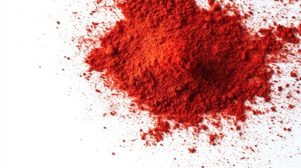 Close-up of a vibrant red spice powder scattered on a white surface, ideal for culinary and food-related projects or backgrounds.