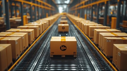 Poster - Predictive maintenance system managing conveyor packages in a busy warehouse during daylight hours