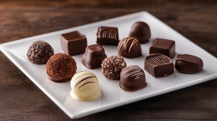 Poster - A selection of chocolate truffles and pralines arranged on a white plate, emphasizing the luxurious appearance and delicate craftsmanship of the confectionery.