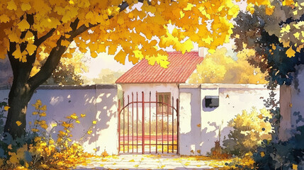 Autumn outdoor nature scenery in illustration style.