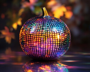 Poster - A disco ball pumpkin with a colorful design and a blurred background of autumn leaves.