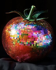 Canvas Print - A disco ball shaped like a tomato, reflecting colorful lights against a black background.