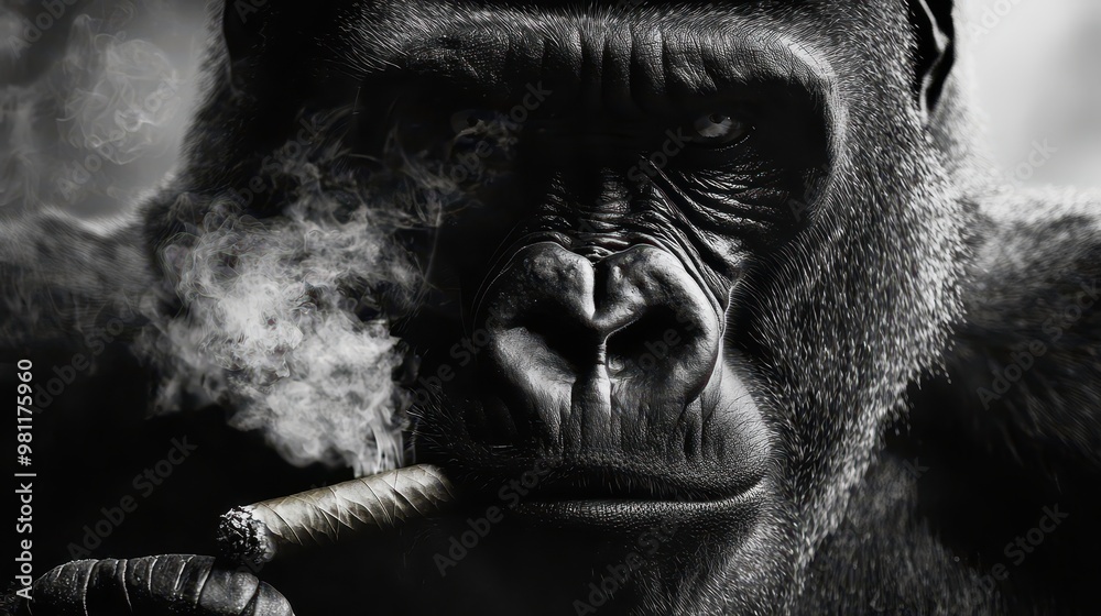 A black-and-white close-up of a gorilla smoking a cigar