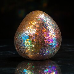 Poster - A disco ball shaped like an egg, with a black background and a shiny, reflective surface.