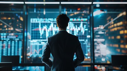 A businessman standing in front of a large screen displaying positive stock market growth trends and financial data in a modern office