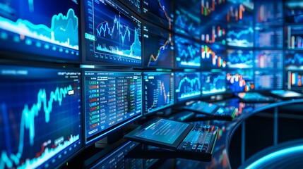 Poster - A futuristic financial trading room with multiple monitors displaying real-time stock market data and graphs, indicating a bullish trend
