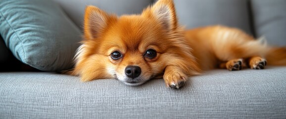 Wall Mural - Adorable Pomeranian Dog Relaxing on Couch