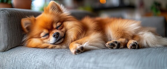 Wall Mural - Adorable Pomeranian Puppy Sleeping on a Couch