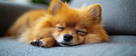 Wall Mural - Adorable Pomeranian Dog Sleeping on a Couch