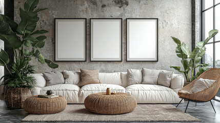 Wall Mural - Modern living room with white sofa and wicker furniture.