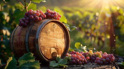 A wooden barrel with grapes resting on a tree stump in a vineyard.