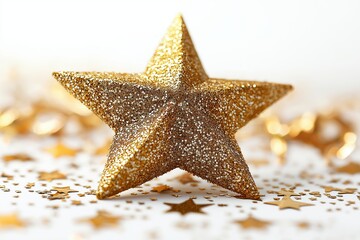 Wall Mural - Close-up of a shimmering golden star ornament, surrounded by sparkling golden confetti. 