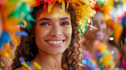 Wall Mural - front view, a bright carnival party, colorful costumes, confetti, a poster promoting a language school, an amazing deal, contented pupils, and a joyous mood