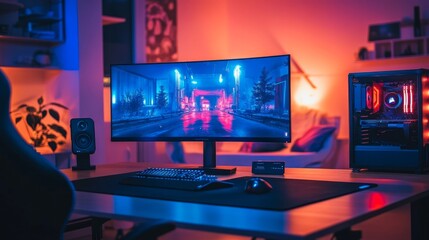 Poster - Minimalist gaming setup with an ultra-wide monitor, wireless peripherals, and ambient LED lighting in a futuristic room.