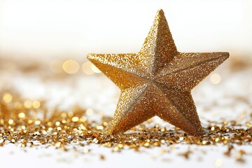 Wall Mural - Close-up of a shimmering golden star ornament, surrounded by sparkling golden confetti. 