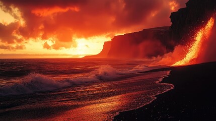 Poster - black sand beach, lava flowing into the ocean, dark red and orange sky, icelandic cliffs in background, 