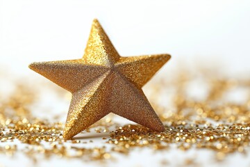 Wall Mural - Close-up of a shimmering golden star ornament, surrounded by sparkling golden confetti. 