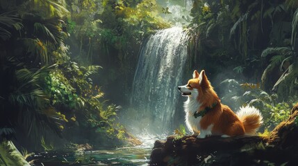 Poster - A fluffy corgi dog sits on a rock by a waterfall in a lush green forest.