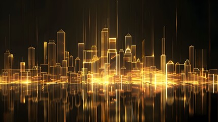 Poster - Golden City Skyline: An abstract, futuristic city skyline outlined with golden light, shining from above and below, against a deep black night sky