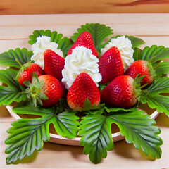 A strawberries, their bright red hue contrasting against the lush green, Generative Ai