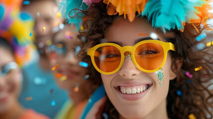 front view, a bright carnival party, colorful costumes, confetti, a poster promoting a language school, an amazing deal, contented pupils, and a joyous mood