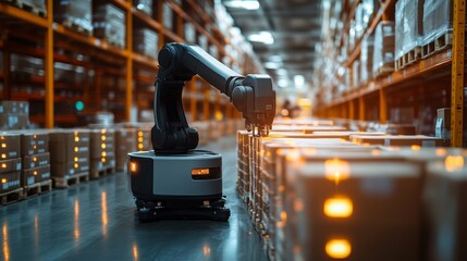 Poster - collaborative robotic arms sorting packages in a modern warehouse during daylight