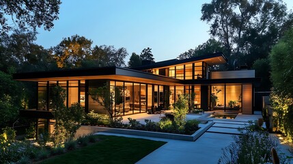 Wall Mural - A modern architectural home illuminated at dusk, featuring large glass windows and lush landscaping.