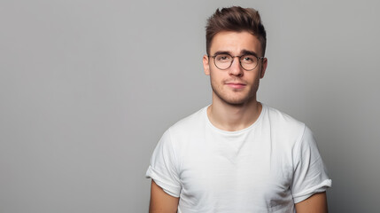 Daylight portrait of a young handsome Caucasian man, isolated on a grey background, dressed in a white t-shirt and round eyeglasses, looking at the camera and smiling positively.