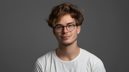 Daylight portrait of a young handsome Caucasian man, isolated on a grey background, dressed in a white t-shirt and round eyeglasses, looking at the camera and smiling positively.