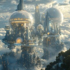 Sticker - A futuristic city in the clouds with glass domes and skyscrapers.