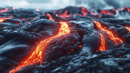 Lava flowing across a dark volcanic landscape, showcasing the raw power of nature and the beauty of molten rock.