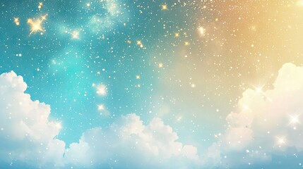 Canvas Print - Cosmic sky background with gold and silver sparkles on just a turquoise blue and white. realistic