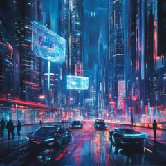 Poster - A futuristic city street at night with glowing neon lights, flying cars, and people walking.