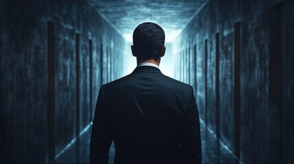 Wall Mural - A man in a suit is walking down a hallway