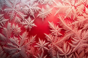 Wall Mural - Intricate frost patterns on red background close-up