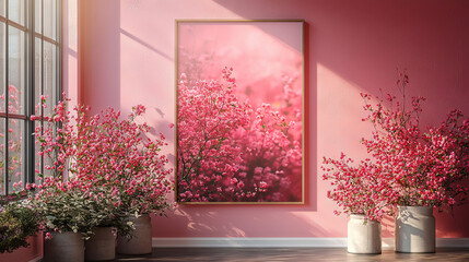 Canvas Print - Pink flowering branches in pots with framed picture in pink room.