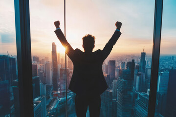 Businessman celebrating success in a high-rise office with city skyline in the background