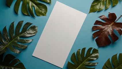 Wall Mural - Blank paper, coffee, and tropical leaves on a blue background.